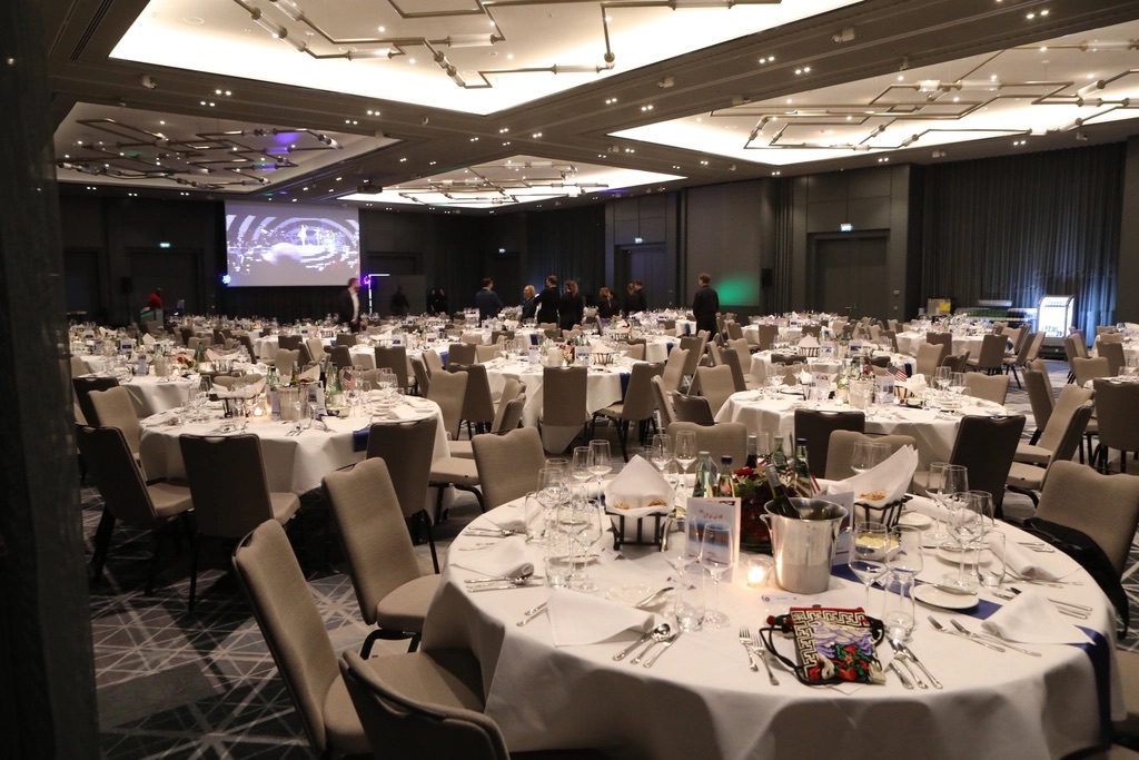 Ballroom set for a gala dinner